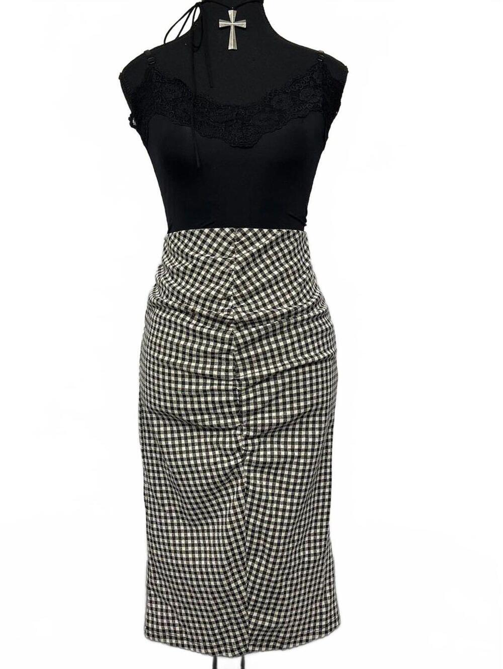 Zara Black White Gingham Ruched Front Pencil Skirt Sz M Retro Gothabilly Pinup